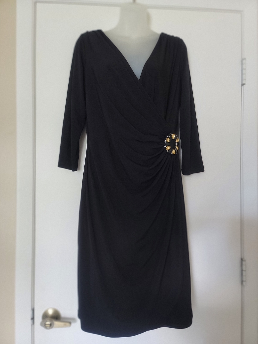 London Times Black Midi Dress with Gold Accent Brooch